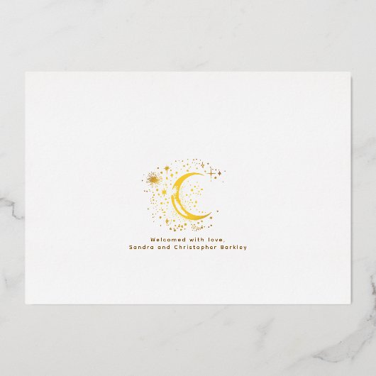 かわいいスターズムーンシナ生まれたばかりのル写真誕生 箔招待状 (裏面)