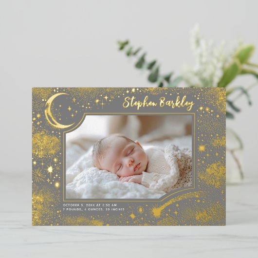 かわいいスターズムーンシナ生まれたばかりのル写真誕生 箔招待状 (立ち正面)