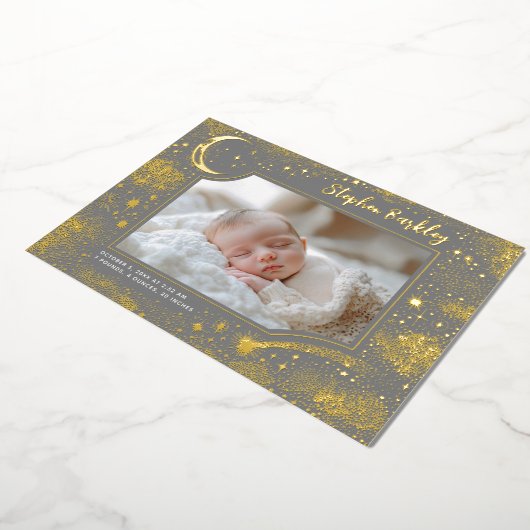 かわいいスターズムーンシナ生まれたばかりのル写真誕生 箔招待状 (回転した状態)