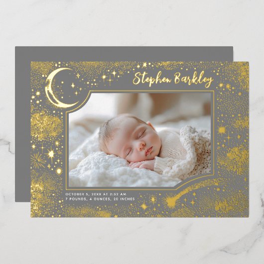 かわいいスターズムーンシナ生まれたばかりのル写真誕生 箔招待状 (正面/裏面)