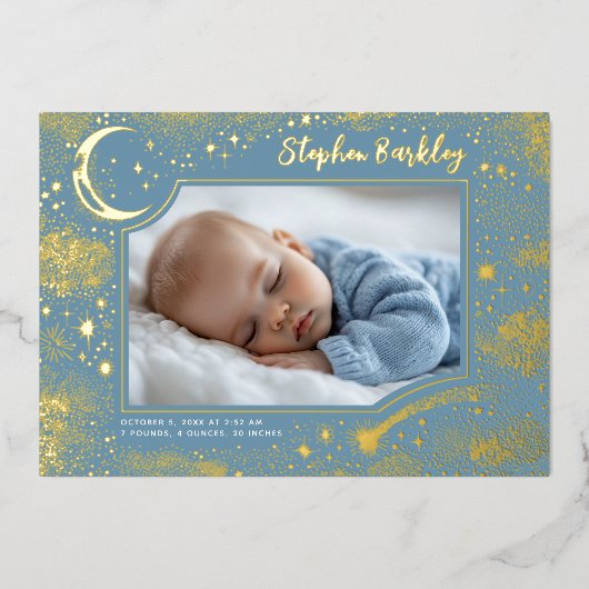 かわいいスターズムーンシナ生まれたばかりのル写真誕生 箔招待状 (正面)