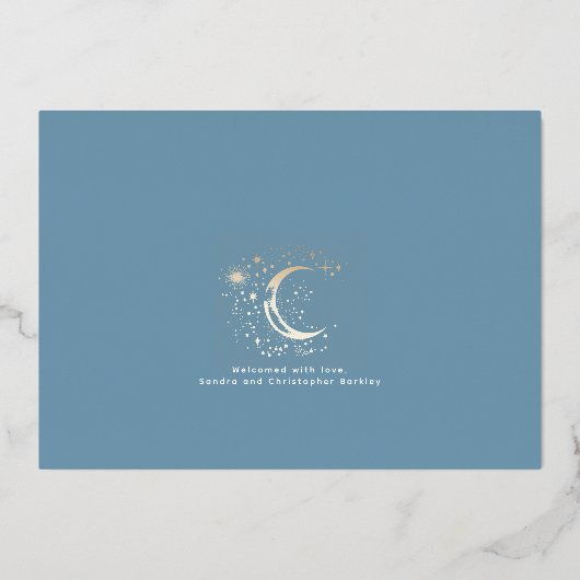 かわいいスターズムーンシナ生まれたばかりのル写真誕生 箔招待状 (裏面)