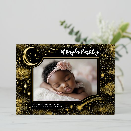 かわいいスターズムーンシナ生まれたばかりのル写真誕生 箔招待状 (立ち正面)