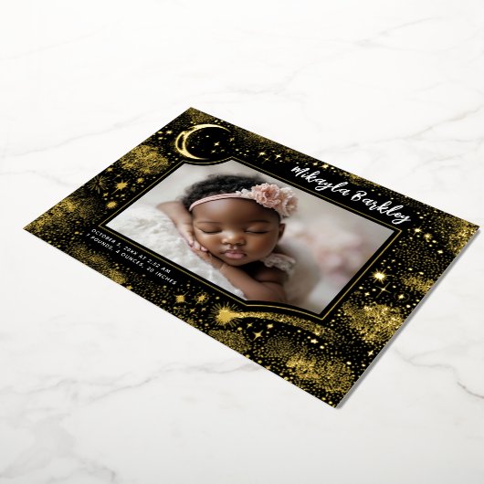 かわいいスターズムーンシナ生まれたばかりのル写真誕生 箔招待状 (回転した状態)