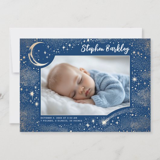 かわいいスターズムーンシレ生まれたばかりのンタリーボーイフォト誕生 案内状 (正面)