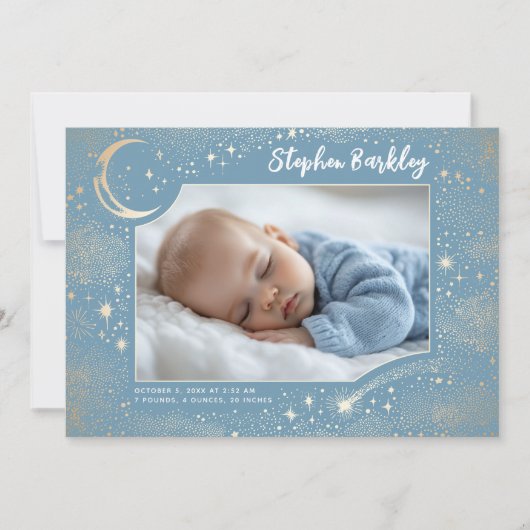 かわいいスターズムーンシレ生まれたばかりのンタリーボーイフォト誕生 案内状 (正面)