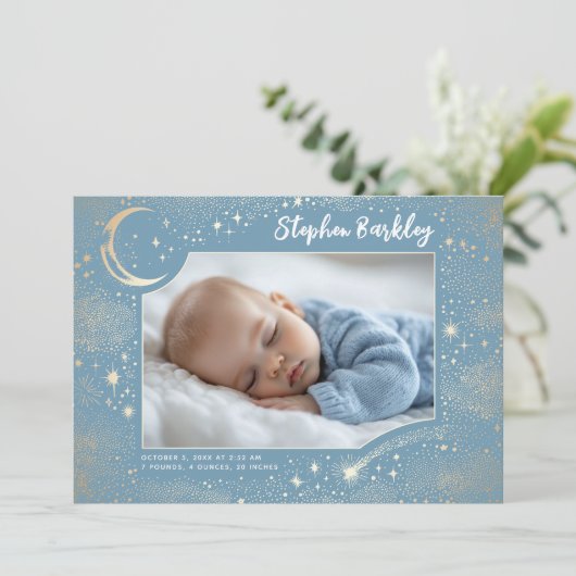 かわいいスターズムーンシレ生まれたばかりのンタリーボーイフォト誕生 案内状 (スタンド正面)