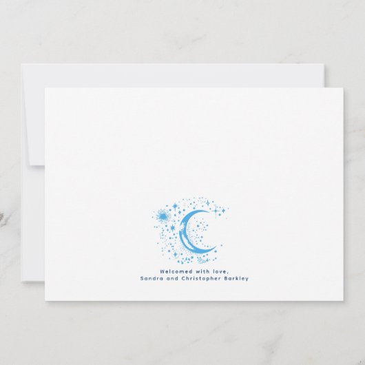 かわいいスターズムーンシレ生まれたばかりのンタリーボーイフォト誕生 案内状 (裏面)