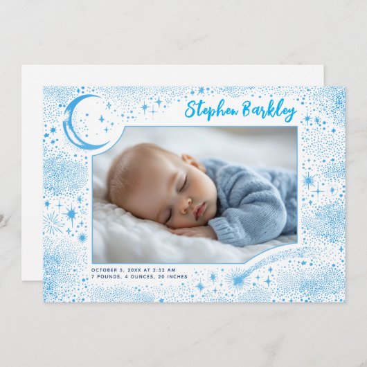 かわいいスターズムーンシレ生まれたばかりのンタリーボーイフォト誕生 案内状 (正面/裏面)