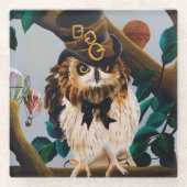 かわいいスチームパンクトップハットフクロウ ガラスコースター (正面)