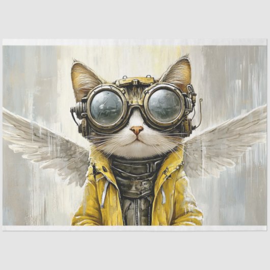 かわいいスチームパンク猫とウィング、雨AX9デコパージュ 薄葉紙 (正面)