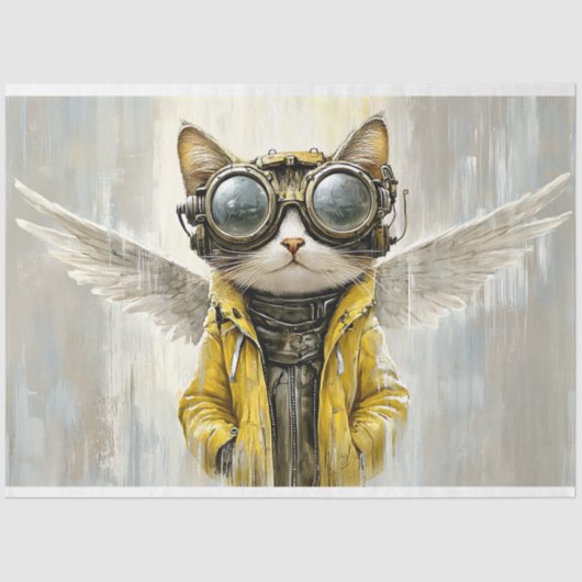 かわいいスチームパンク猫と翼、雨のAX8デコパージュ 薄葉紙 (正面)