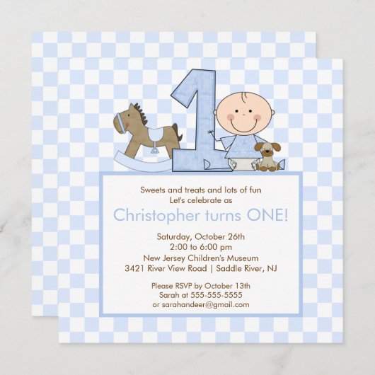 かわいいスティッキフィギュアボーイ1日誕生日招待状 招待状 (正面/裏面)