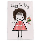 かわいいスティックフィギュア女の子と誕生日ブーケ ミディアムペーパーバッグ (正面)