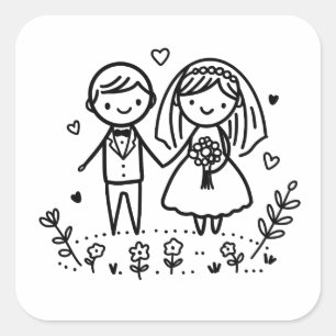 かわいいステッキのフィギュア新郎新婦結婚ズ スクエアシール
