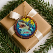 かわいいステンドグラス風サメのクリスマス記念品 セラミックオーナメント