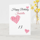 かわいいストライプのピンクの水彩ハート13誕生日 カード (黄色い花)