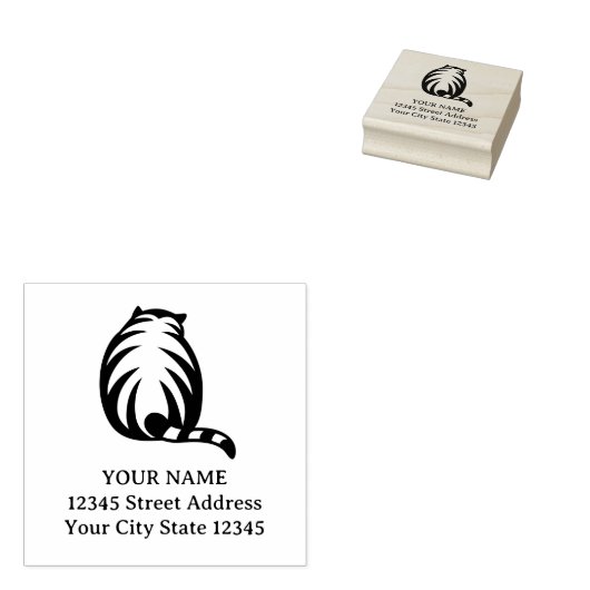 かわいいストライプの猫のロゴ木製差出人住所スタンプ ラバースタンプ (押印)