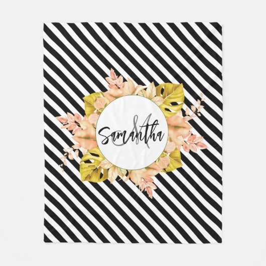 かわいいストライプフローラモノグラム フリースブランケット (正面)