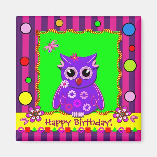 かわいいストライプ水玉模様，フクロウ，誕生日磁石 マグネット (正面)