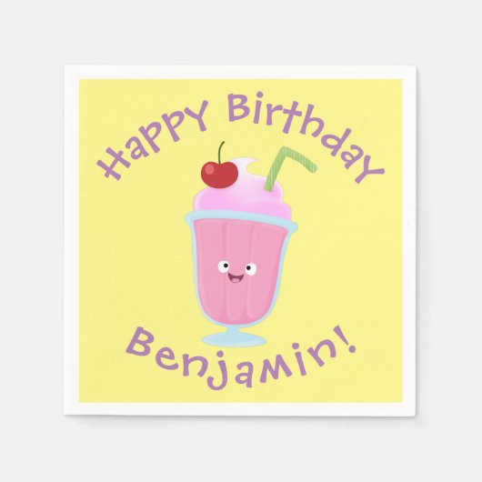 かわいいストロベリーアイスクリームのサンデー漫画 スタンダードカクテルナプキン (正面)