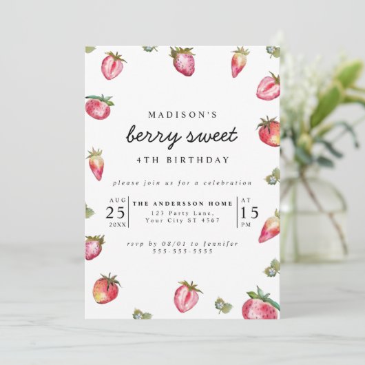 かわいいストロベリーガールの誕生日パーティーベリースウィート 招待状 (スタンド正面)