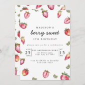 かわいいストロベリーガールの誕生日パーティーベリースウィート 招待状 (正面/裏面)