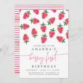 かわいいストロベリーガールベリーの最初の誕生日パーティー 招待状 (正面/裏面)