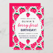 かわいいストロベリーガールベリー1st誕生日パーティー   招待状 (正面/裏面)