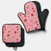 かわいいストロベリージンガムパターン（の模様が）ある 鍋つかみ&鍋敷きセット (正面/裏面)