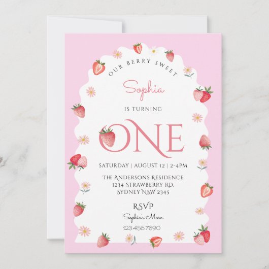 かわいいストロベリースイートファースト誕生日波形 招待状 (正面)