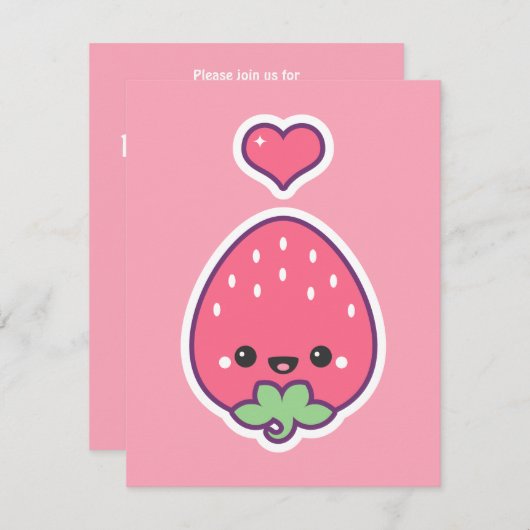 かわいいストロベリーバースデーパーティーの招待 招待状 (正面/裏面)