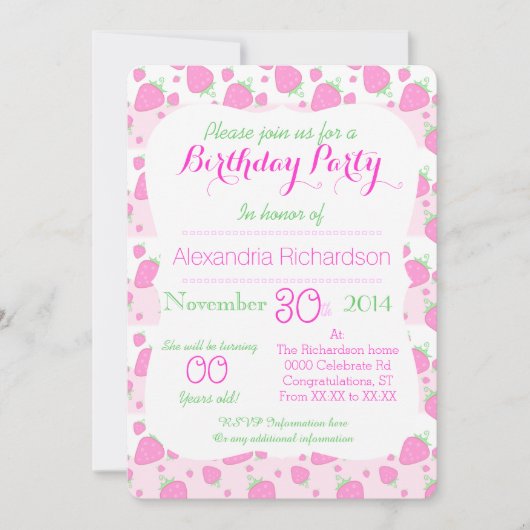 かわいいストロベリーピンクかわいいパンダ誕生日パーティー 招待状 (正面)