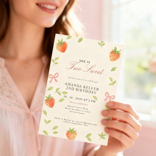 かわいいストロベリーピンク誕生日 招待状