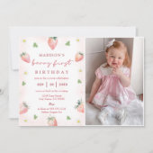 かわいいストロベリーファースト1歳の誕生日の写真 招待状 (正面)