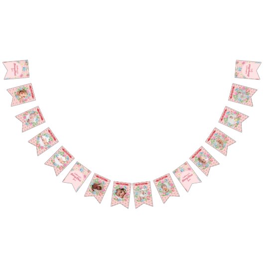 かわいいストロベリーファースト1歳の誕生日12写真 バンティングフラッグ (全)