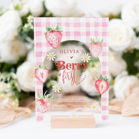 かわいいストロベリーフルーツデイジーベリーファースト誕生日 アクリル招待状