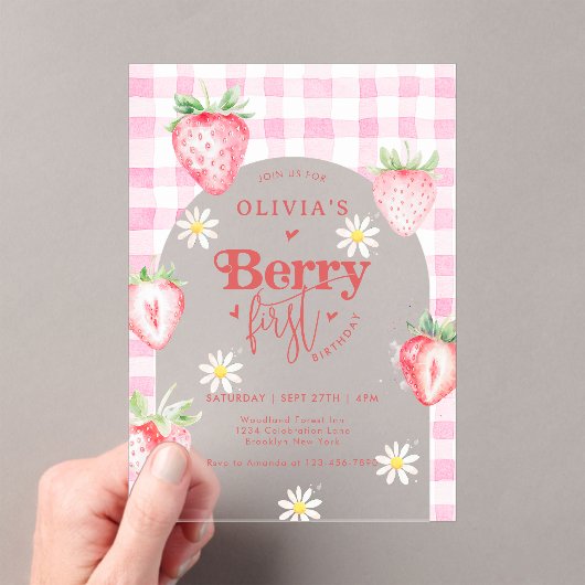 かわいいストロベリーフルーツデイジーベリーファースト誕生日 アクリル招待状 (インサイチュ (ポータブル))