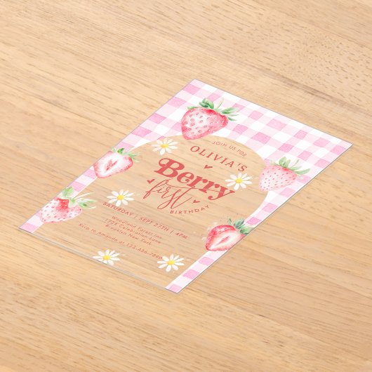 かわいいストロベリーフルーツデイジーベリーファースト誕生日 アクリル招待状 (レイダウン)