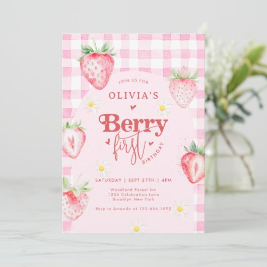 かわいいストロベリーフルーツデイジーベリーファースト誕生日 招待状 (スタンド正面)