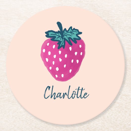 かわいいストロベリーフルーツ名前をカスタムする ラウンドペーパーコースター (正面)
