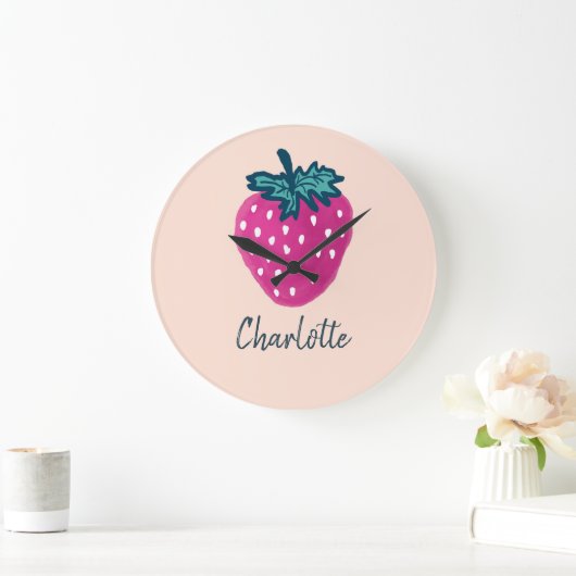 かわいいストロベリーフルーツ名前をカスタムする ラージ壁時計 (ホーム)