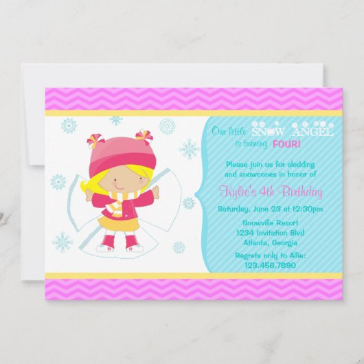 かわいいスノーエンジェルキッズ冬の誕生日パーティー 招待状 (正面)