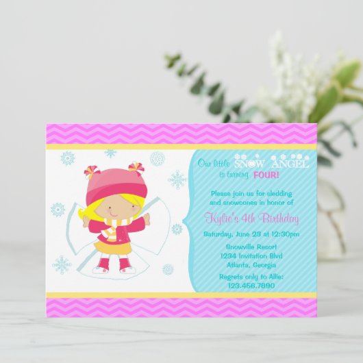 かわいいスノーエンジェルキッズ冬の誕生日パーティー 招待状 (スタンド正面)