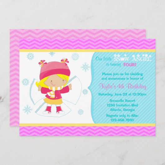 かわいいスノーエンジェルキッズ冬の誕生日パーティー 招待状 (正面/裏面)