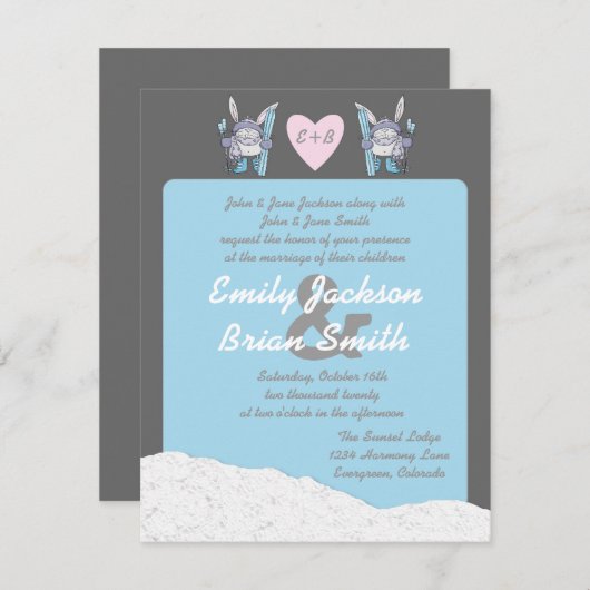 かわいいスノーバニースキーヤーの特注結婚式招待状 招待状 (正面/裏面)