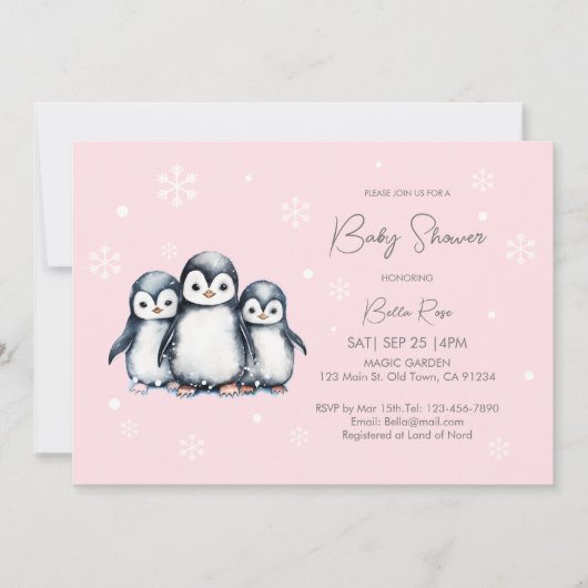 かわいいスノーフレーク・ペンギン赤ちゃんシャワー 招待状 (正面)
