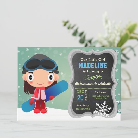 かわいいスノーボードの女の子の誕生日のパーティの招待状 招待状 (スタンド正面)