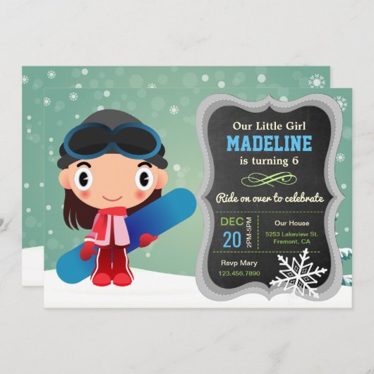 かわいいスノーボードの女の子の誕生日のパーティの招待状 招待状 (正面/裏面)