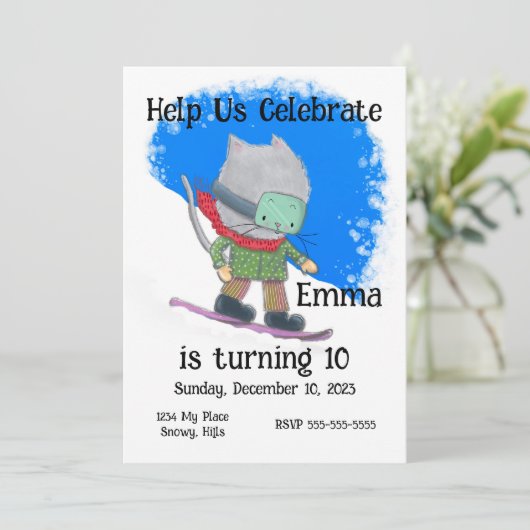 かわいいスノーボード猫誕生日,パーソナライズ 招待状 (スタンド正面)